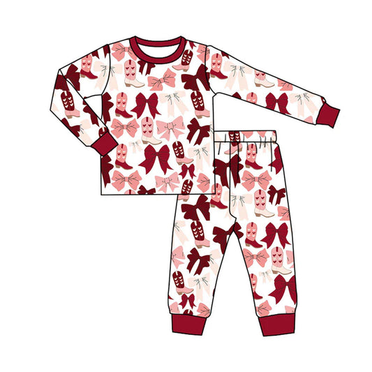 X922 Preorder (moq 5)Baby Boys Pink Red Bows Heart Boots Top Pants Pajamas Sets
