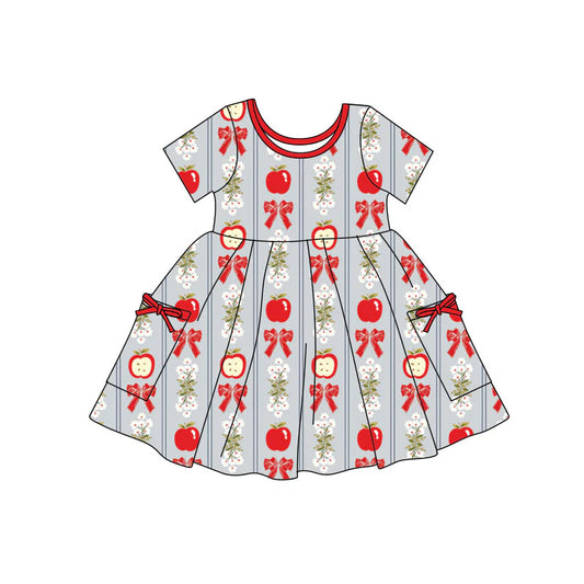 X11.22Preorder(moq 5) Baby Girls Apples Bows Checked Pockets Back to School Knee Length Dresses