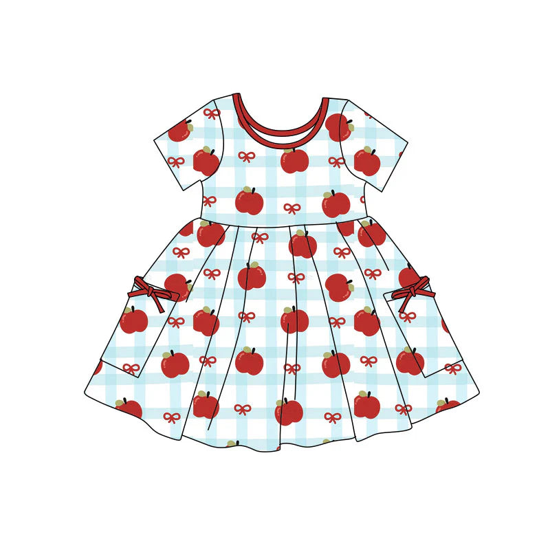 X11.22Preorder(moq 5) Baby Girls Apples Bows Checked Pockets Back to School Knee Length Dresses