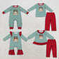 RTS NO MOQ Sibling milk silk Embroidery Baby Boys Girls Green White Stripe Christmas Reindeer Dog Print Romper And Ruffle Top Red Pant Set
