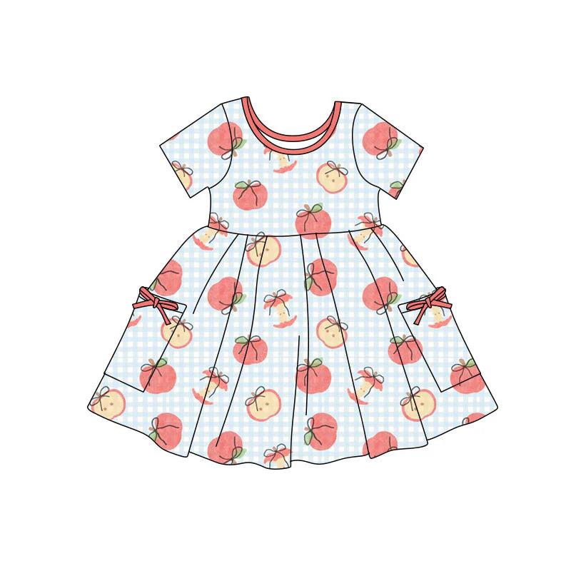 X11.22Preorder(moq 5) Baby Girls Bow Apples Checked Pockets Back to School Knee Length Dresses