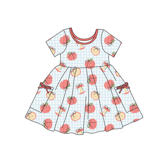 X11.22Preorder(moq 5) Baby Girls Bow Apples Checked Pockets Back to School Knee Length Dresses