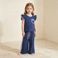 NEW RTS NO MOQ milk silk GSPO2372 Baby Girls White Blue Polka Dots Pocket Top Flare Pant Clothes Set