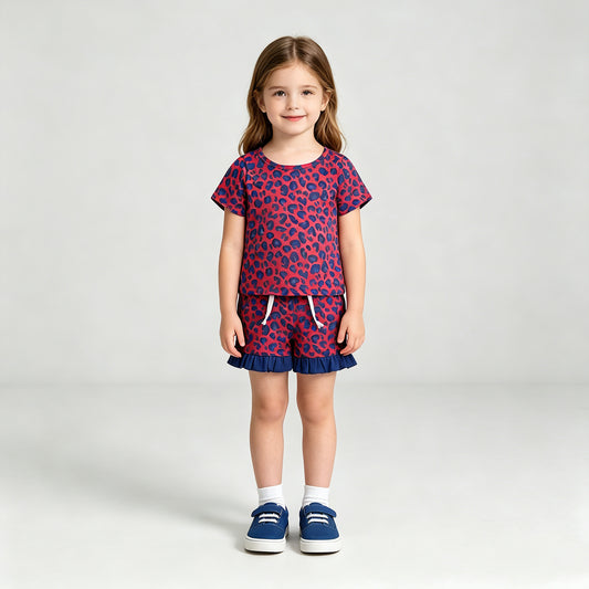 NEW RTS NO MOQ milk silk GSSO3811 Baby Girls Fashion Pink Leopard Pocket Top Ruffle Hem Shorts All Season Outfit