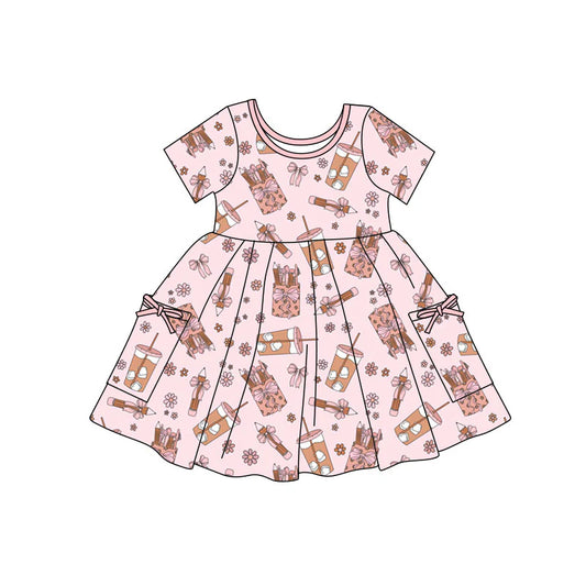 X11.22Preorder(moq 5) Baby Girls Pink Bows Pencils Pockets Back to School Knee Length Dresses