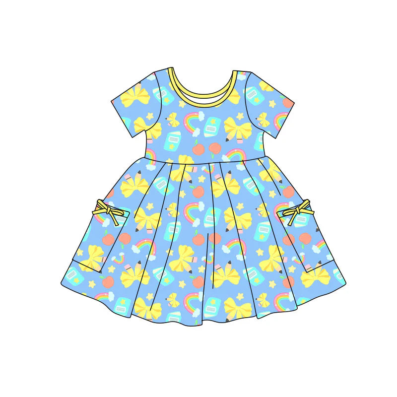 X11.22Preorder(moq 5) Baby Girls Bows Pencils Books Pockets Back to School Knee Length Dresses