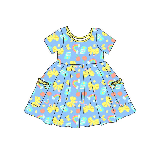 X11.22Preorder(moq 5) Baby Girls Bows Pencils Books Pockets Back to School Knee Length Dresses
