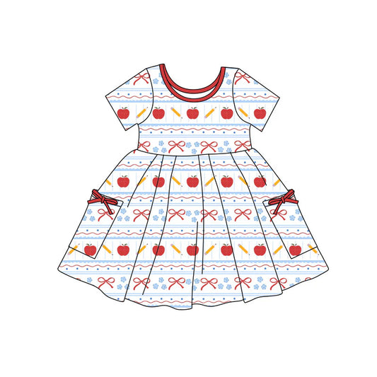 X11.22Preorder(moq 5) Baby Girls Apples Pencils Pockets Back to School Knee Length Dresses