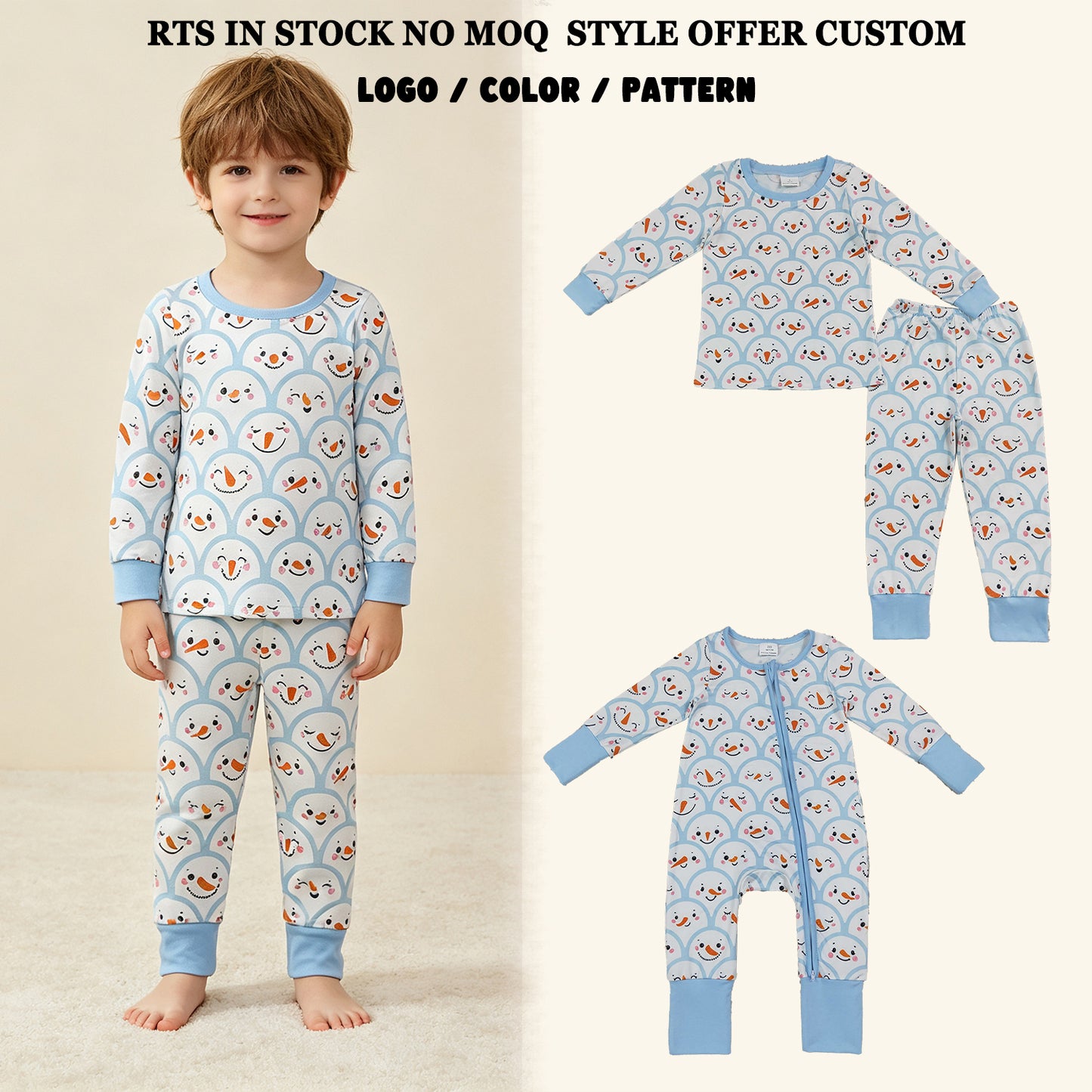 RTS NO MOQ Sibling milk silk Baby Boys Blue Checked Snowmen Christmas Rompers Set