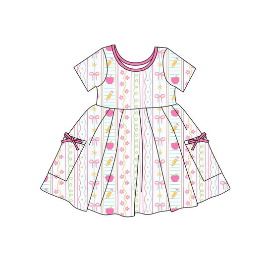 X11.21Preorder(moq 5) Baby Girls Apples Pencils Stripe Pockets Back to School Knee Length Dresses