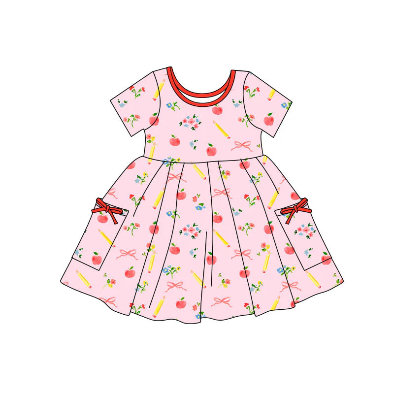 X11.21Preorder(moq 5) Baby Girls Apples Pencils Flowers Pockets Back to School Knee Length Dresses