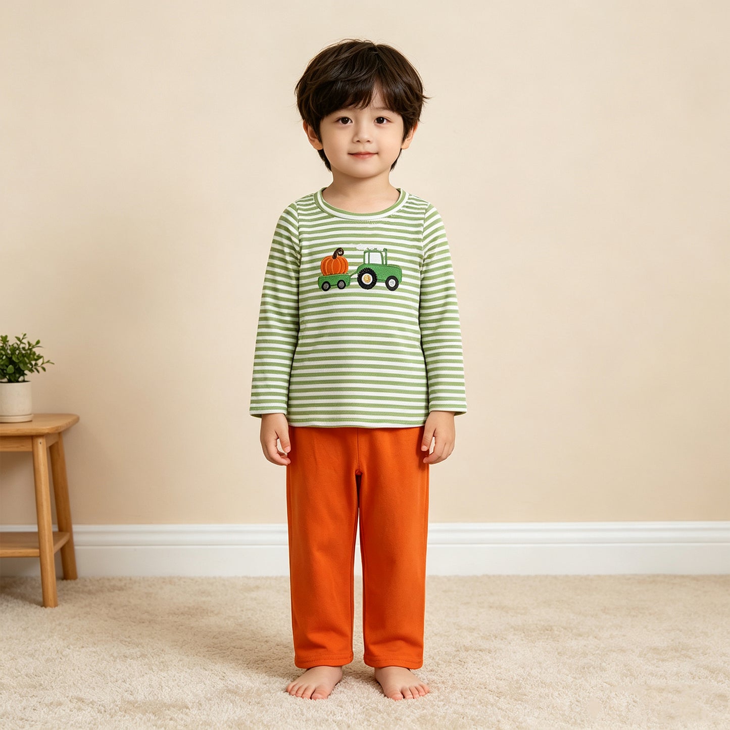 NEW RTS NO MOQ milk silk BLP1441 Embroidery Baby Boys Green Stripe Pumpkin Truck Embroidery Top Pant Fall Holiday Sets