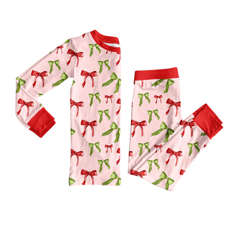 7.16Preorder (moq 5)Baby Girls Long Sleeves Red Green Bows Plaid Top Pants Pajamas Set