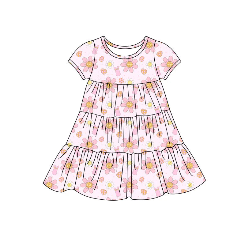 X11.24Preorder(moq 5) Baby Girls Rabbits Flowers Easter Patchwork Ruffle Knee Length Dresses