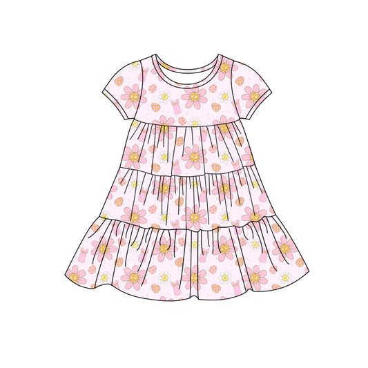 X11.24Preorder(moq 5) Baby Girls Rabbits Flowers Easter Patchwork Ruffle Knee Length Dresses