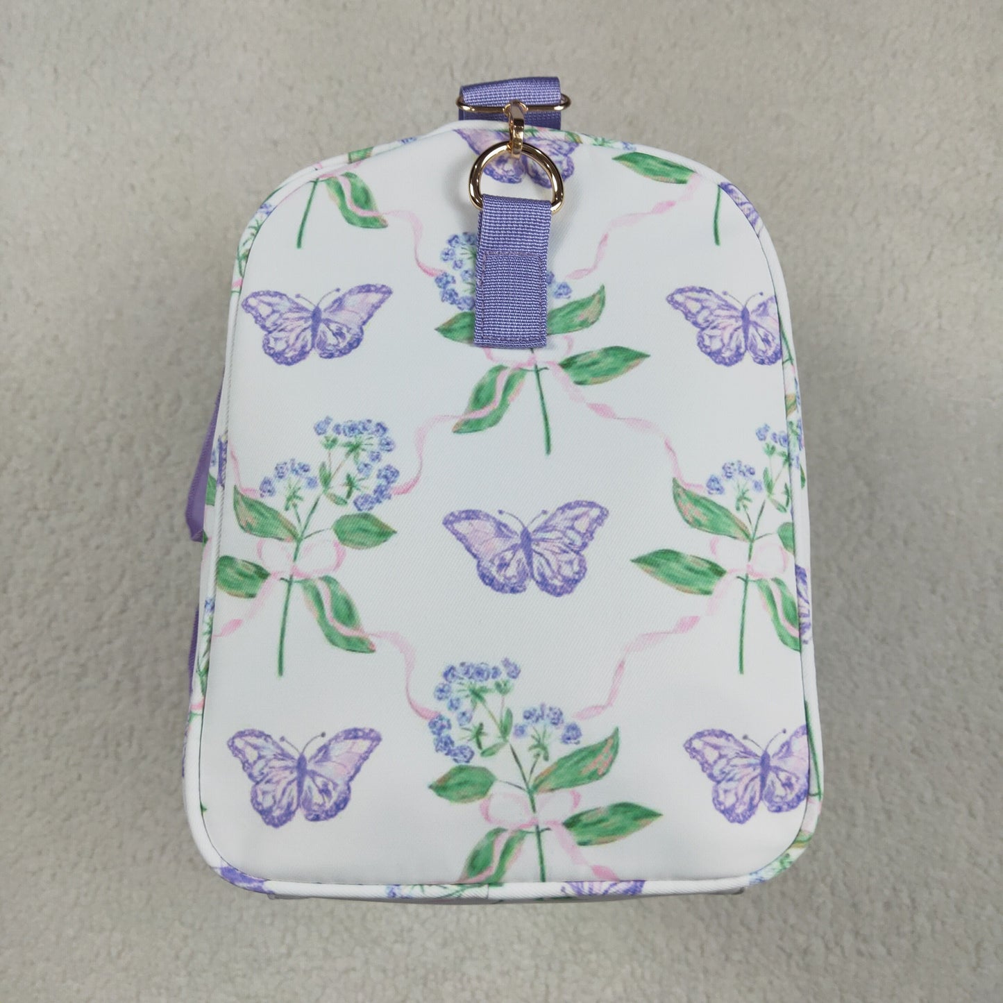 4.19 BA0293 Flowers, leaves, butterflies, purple lace, white gym bag