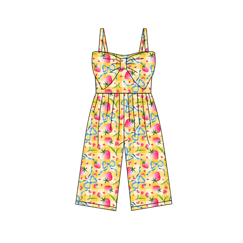 X11.25Preorder (moq 5)Baby Girls Strap Yellow Checked Bow Strawberry Hearts Valentines Jumpsuits