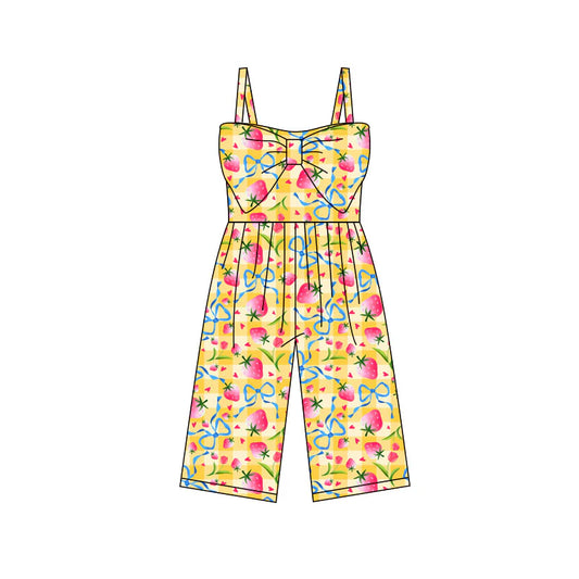X11.25Preorder (moq 5)Baby Girls Strap Yellow Checked Bow Strawberry Hearts Valentines Jumpsuits