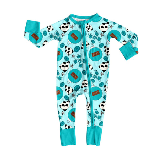 8.7preorder(moq 5)Baby Infant Boys Long Sleeves Cow Print Turquoise Bows Zipper Rompers