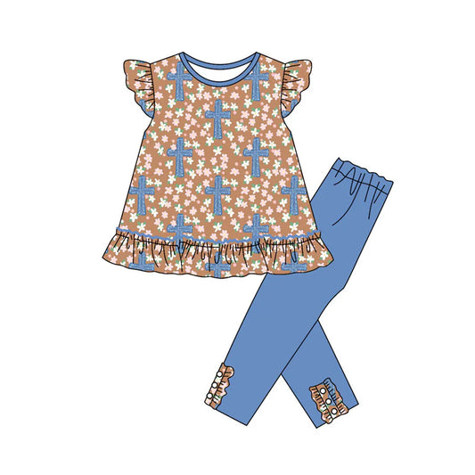 X923Preorder (moq 5)Baby Girls Flowers Crosses Tunic Leggings Easter Clothes Sets