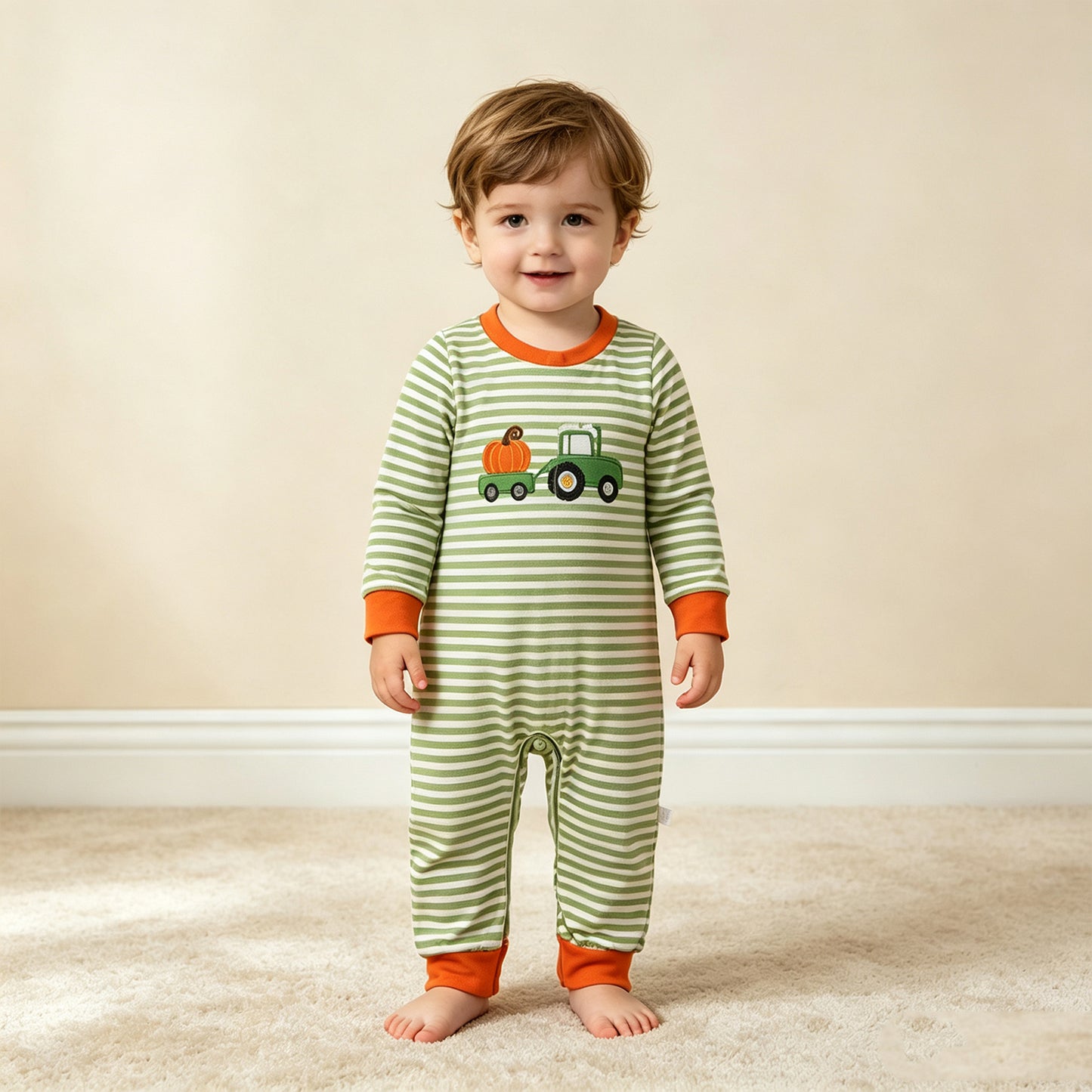 NEW RTS NO MOQ milk silk LR3036 Embroidery Baby Boys Farm Green Stripe Pumpkin Truck Embroidery Long Sleeve Rompers
