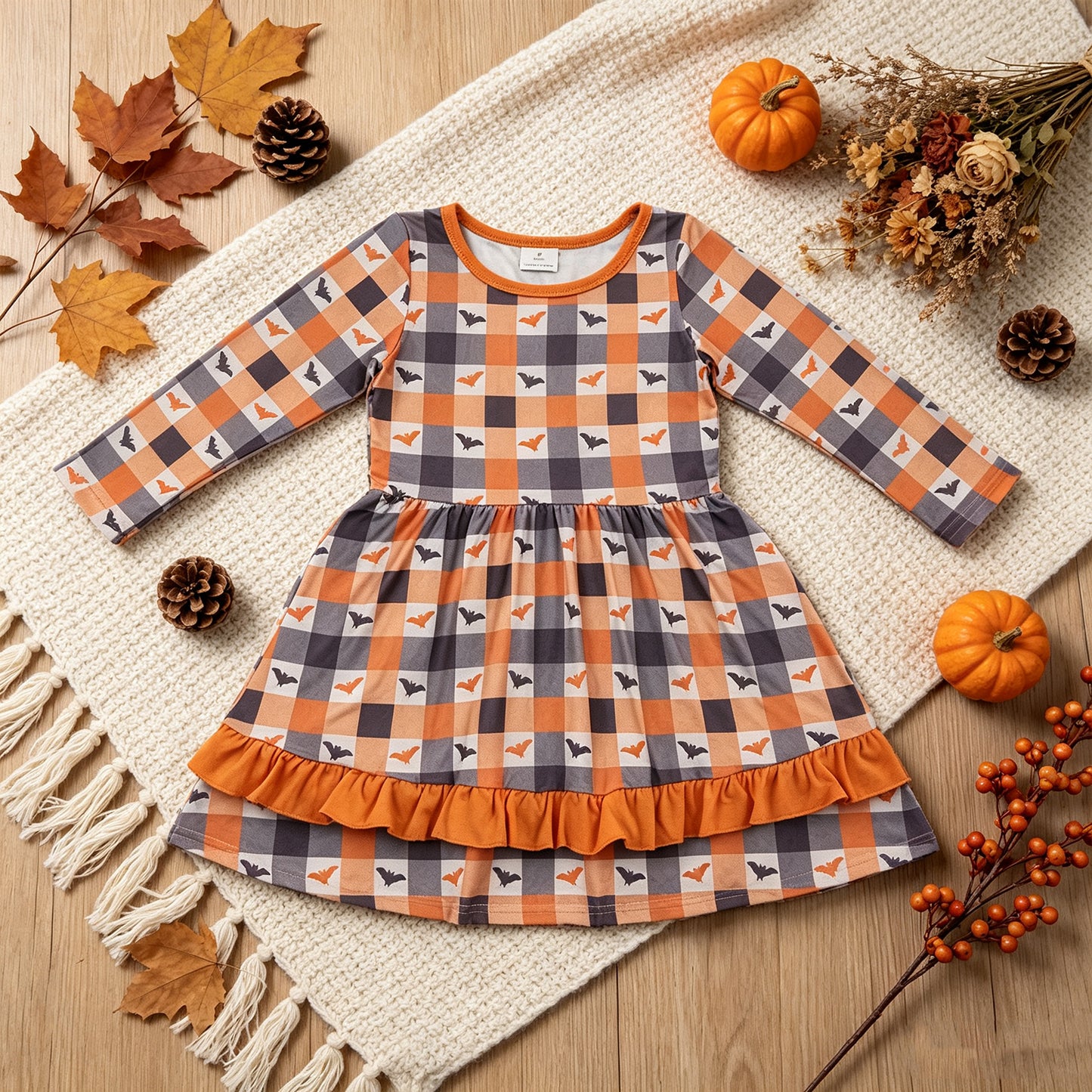 NEW RTS NO MOQ milk silk GLD1707 Baby Girls Bats Checked Ruffle Halloweens Knee Length Dress