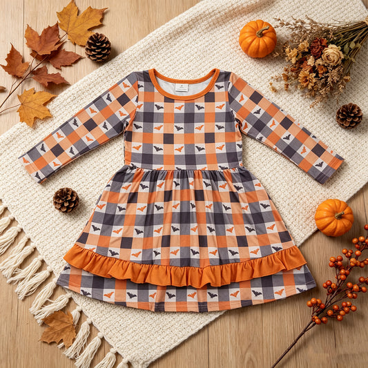NEW RTS NO MOQ milk silk GLD1707 Baby Girls Bats Checked Ruffle Halloweens Knee Length Dress