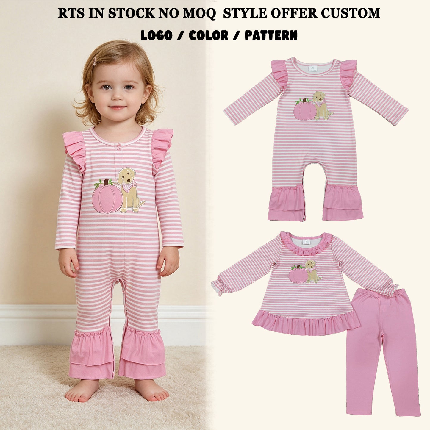 Sibling Baby Girls Pink Stripe Embroidery Dog Pumpkins Tunic Leggings Fall Set Rompers