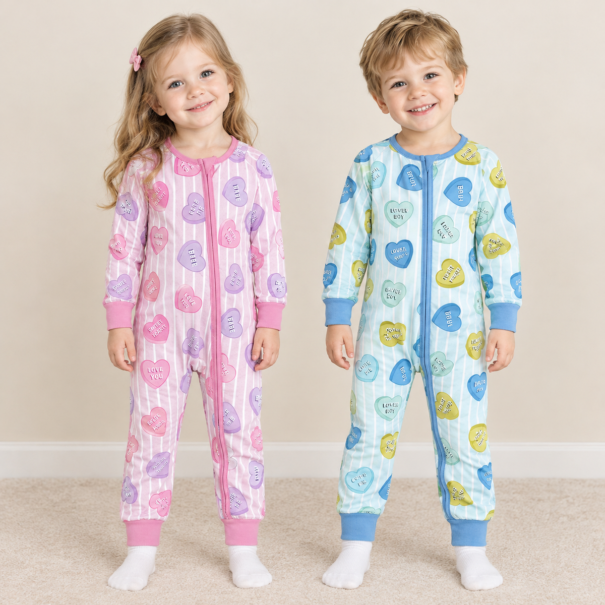RTS NO MOQ Sibling milk silk Baby Girls And Boys Valentines Day Heart Print Striped Long Sleeve Zip Up Romper