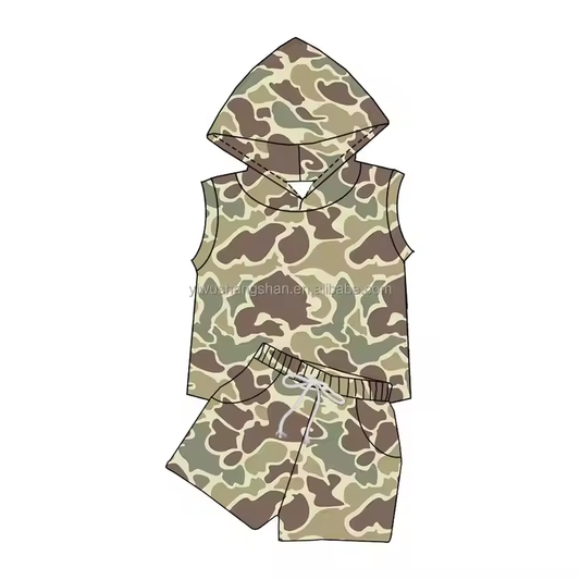 5.13 Boys Sleeveless Brown Green Camouflage Hooded Short Sleeve Suit