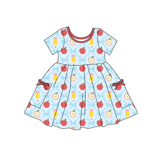 X11.21Preorder(moq 5) Baby Girls Apples Pencils Checked Pockets Back to School Knee Length Dresses