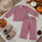 NEW RTS NO MOQ milk silk GLP3675 Baby Girls Long Sleeve Maroon Checked Top Pockets Ruffle Pant Clothes Set