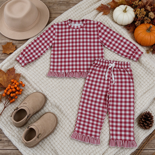 NEW RTS NO MOQ milk silk GLP3675 Baby Girls Long Sleeve Maroon Checked Top Pockets Ruffle Pant Clothes Set