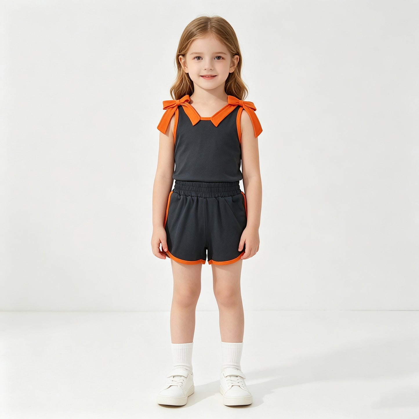 NEW RTS NO MOQ cotton GSSO3822 Baby Girls Black Orange Bows Sleeveless Top Short Clothes Sets
