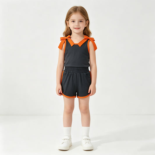 NEW RTS NO MOQ cotton GSSO3822 Baby Girls Black Orange Bows Sleeveless Top Short Clothes Sets