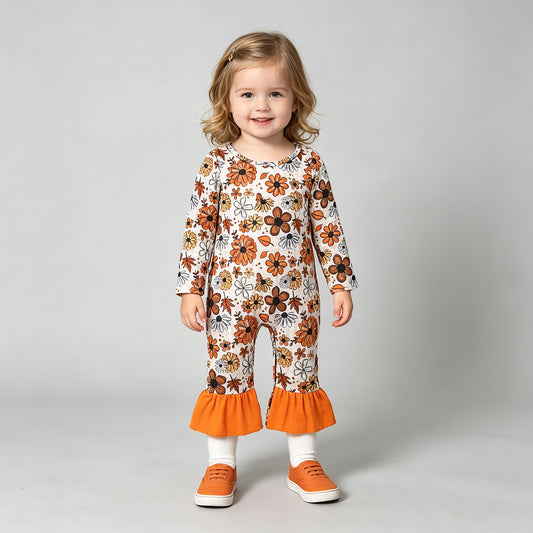 NEW RTS NO MOQ milk silk LR3025 Baby Girls Floral Leaf Long Sleeve Ruffle Rompers
