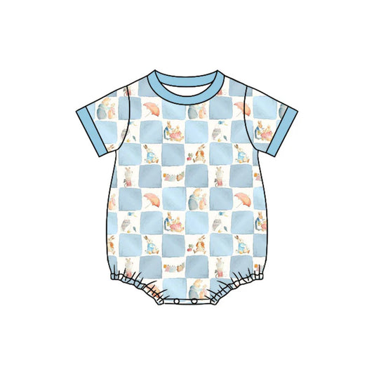 X11.15Preorder (moq 5)Baby Boys Short Sleeve Blue Checked Rabbits Easter Rompers