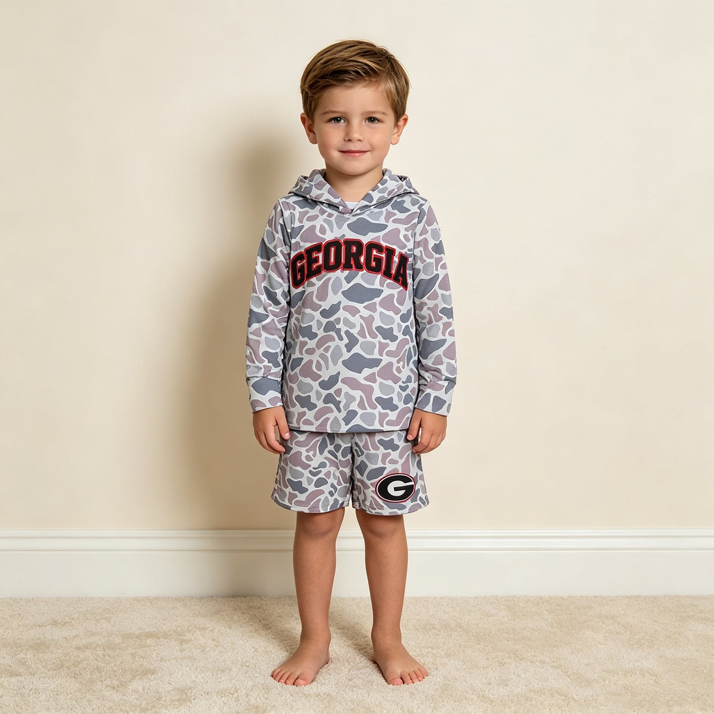 NEW RTS NO MOQ milk silk BLS0047 Baby Boys Light Grey Camo Georgia Long Sleeve Hoodie Pockets Short Team Clothes Set
