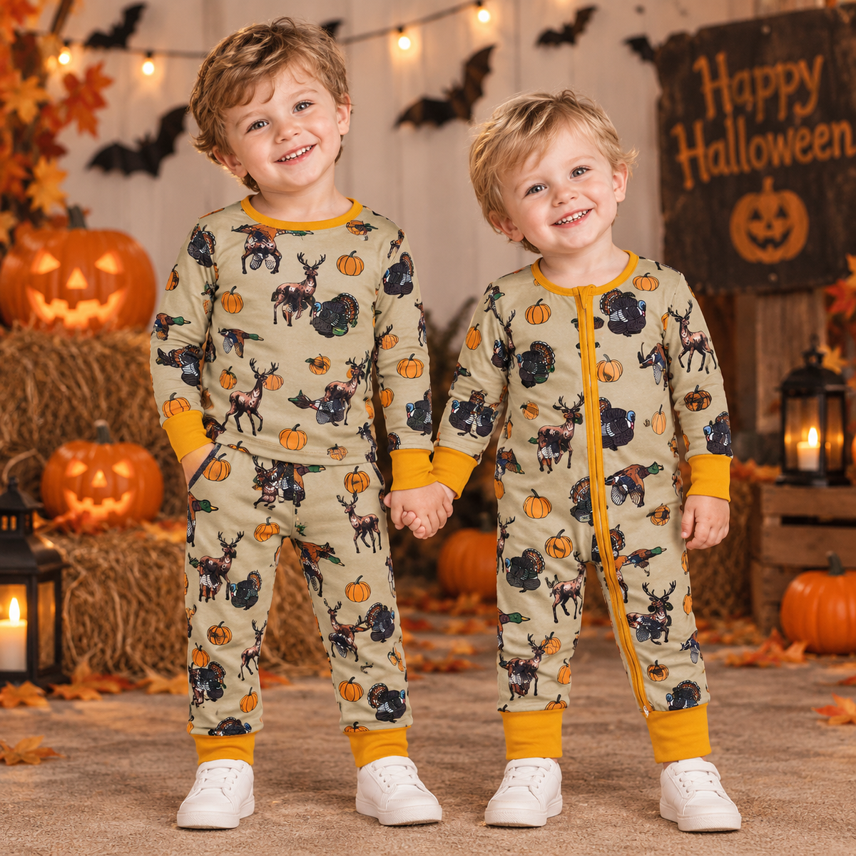 RTS NO MOQ Sibling milk silk Baby Boys Turkey Deer Duck Pumpkin Thanksgiving Hunting Print Long Sleeve Pajamas Set Romper Blankets