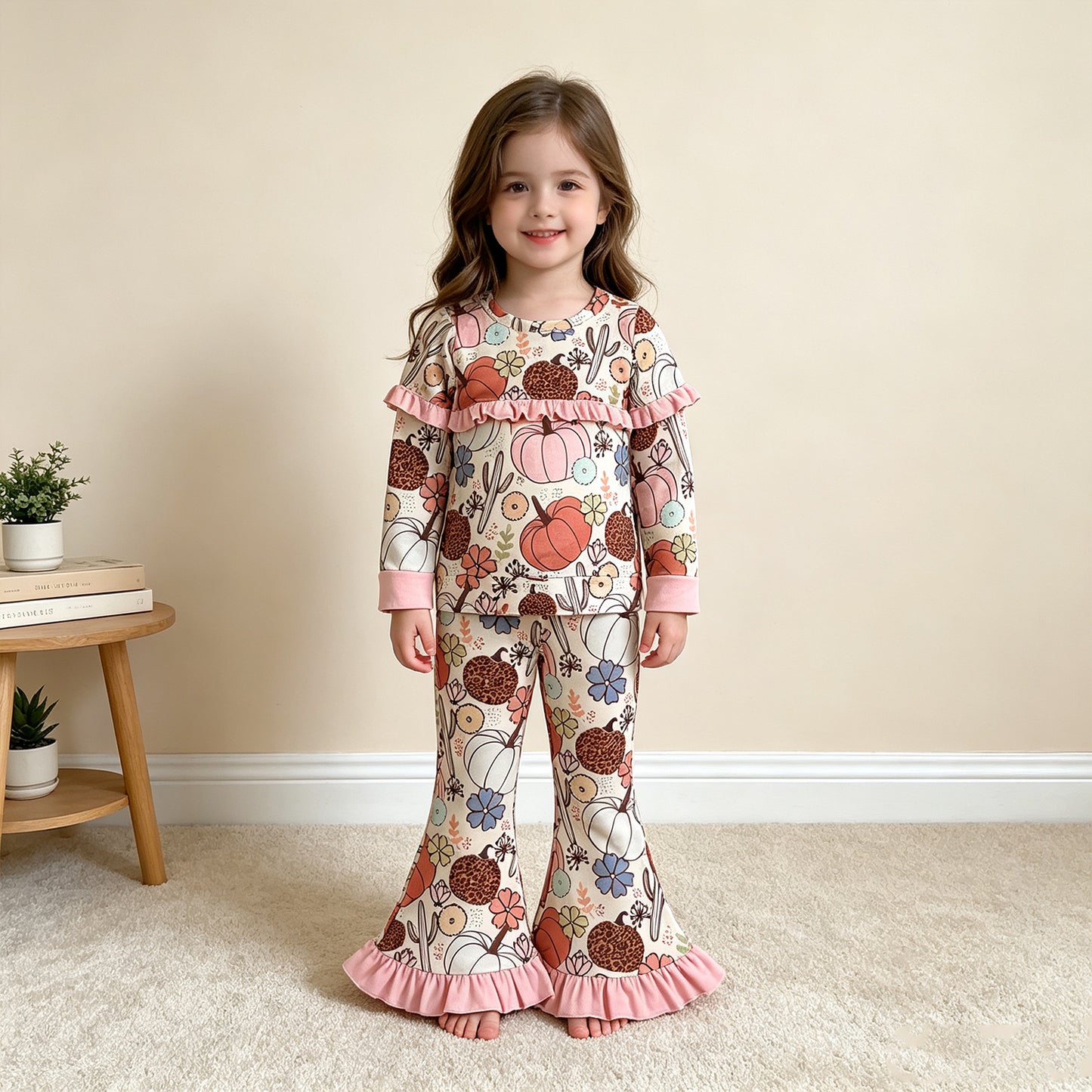 NEW RTS NO MOQ milk silk GLP3502 Baby Girls Pumpkin Flower Print Long Sleeve Top Elastic High Waist Bell Bottom Pants Halloween Outfit