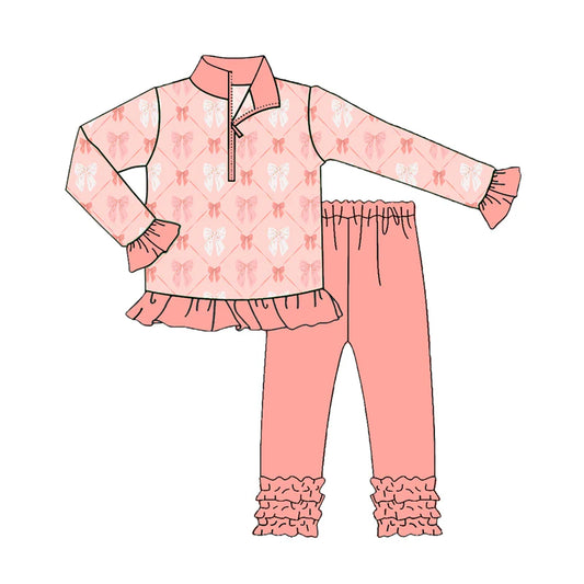 8.13Baby Girls Coral Pink Bows Zip Pullover Top Legging Boutique Outfits Sets