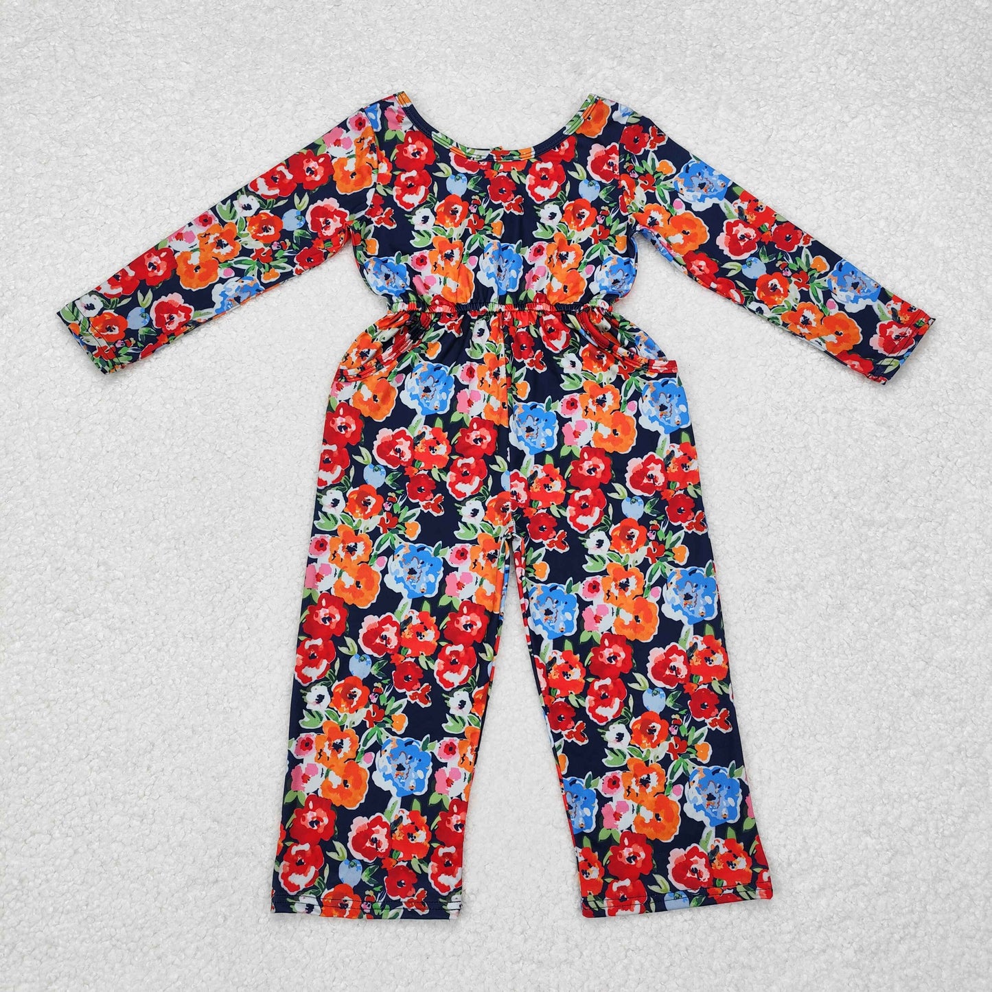 LR1836 Pocket red orange flower blue long sleeve jumpsuit