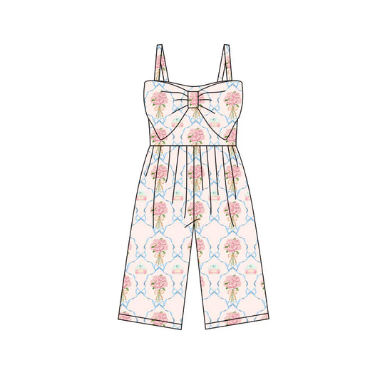 X11.25Preorder (moq 5)Baby Girls Pink Strap Bows Flowers Checked Pants Jumpsuits