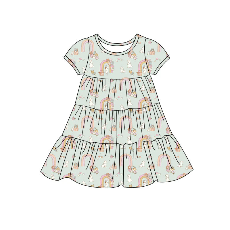 X11.24 Preorder(moq 5) Baby Girls Rabbits Rainbows Easter Patchwork Ruffle Knee Length Dresses