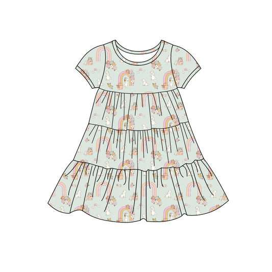 X11.24 Preorder(moq 5) Baby Girls Rabbits Rainbows Easter Patchwork Ruffle Knee Length Dresses