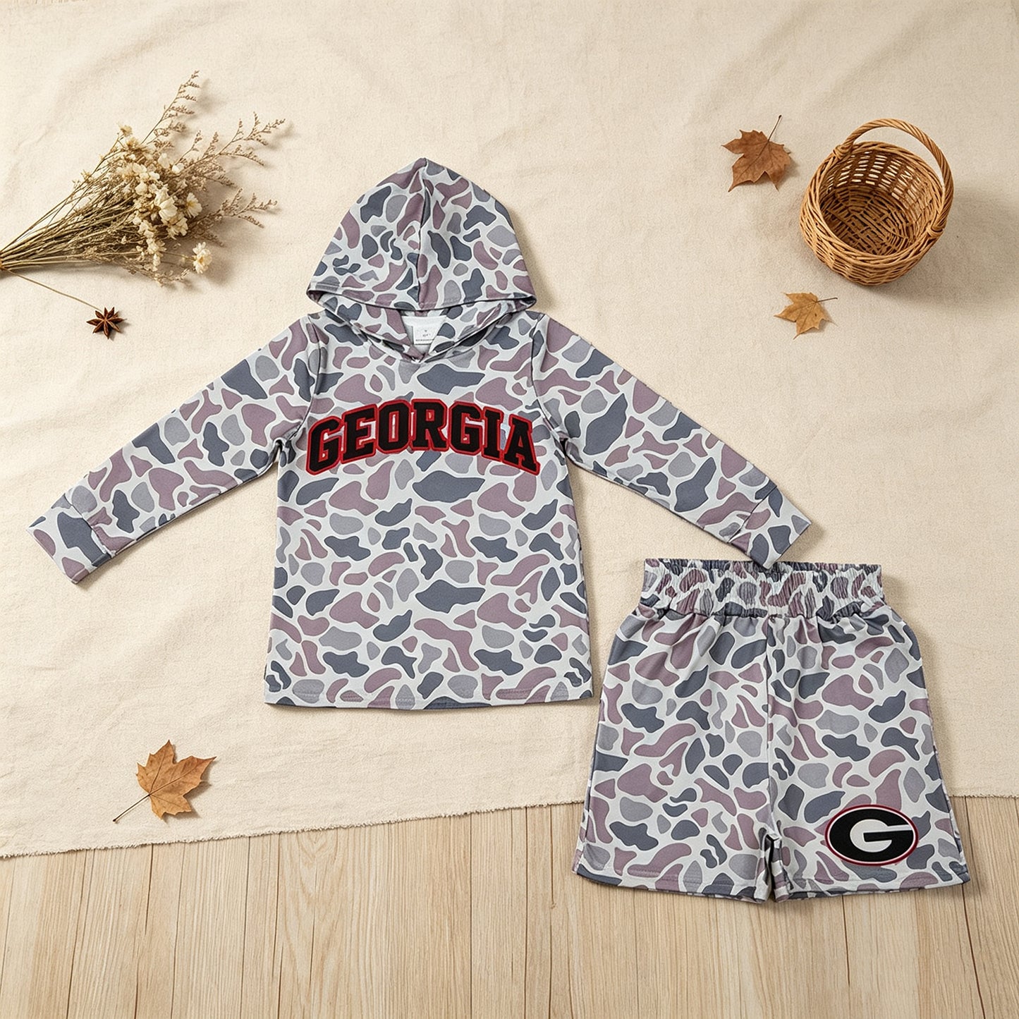 NEW RTS NO MOQ milk silk BLS0047 Baby Boys Light Grey Camo Georgia Long Sleeve Hoodie Pockets Short Team Clothes Set