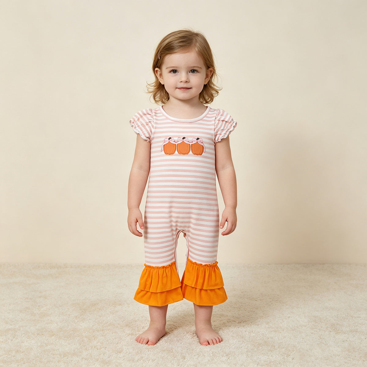 NEW RTS NO MOQ milk silk SR4284 Embroidery Bows Pumpkins Baby Girls Orange Stripe Fall Ruffle Pant Rompers