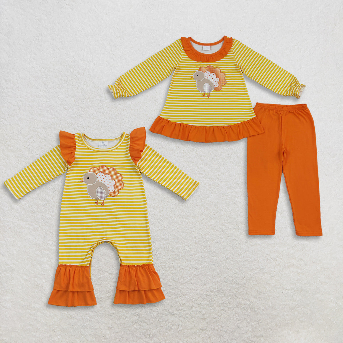 RTS NO MOQ Sibling milk silk Baby Girls Embroidery Turkey Top Pant Thanksgivings Stripe Clothes Set Rompers
