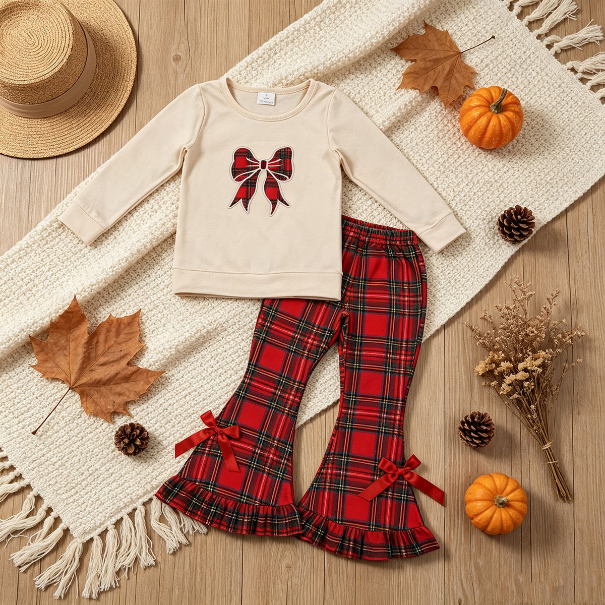 NEW RTS NO MOQ milk silk GLP3547 Embroidery Checked Bow Baby Girls Ruffle Bell Bottom Pant Christmas Clothes Sets