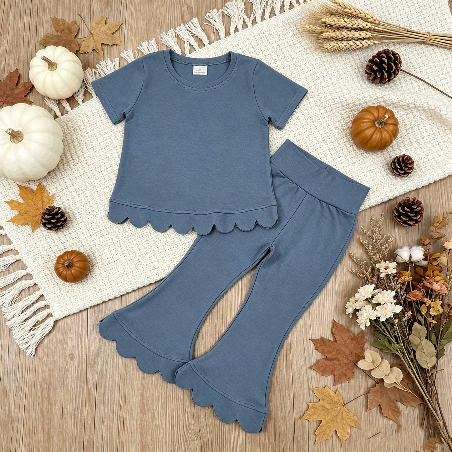 NEW RTS NO MOQ cotton GSPO2339（GT1769+P1077）Baby Girls Blue Short Sleeve Shirts Top Flare Pant Scallop Sets